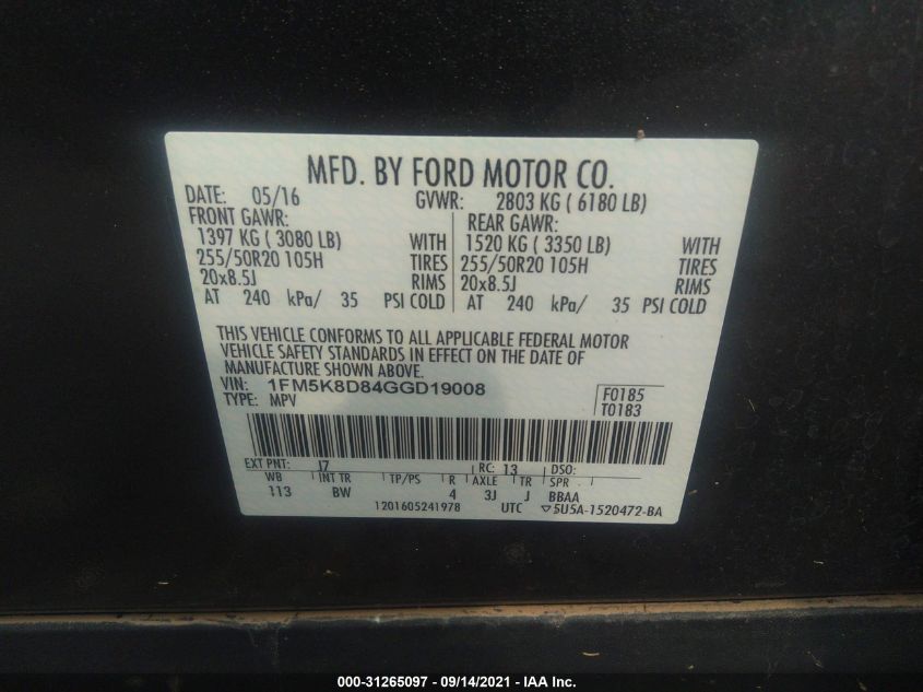 2016 FORD EXPLORER XLT 1FM5K8D84GGD19008
