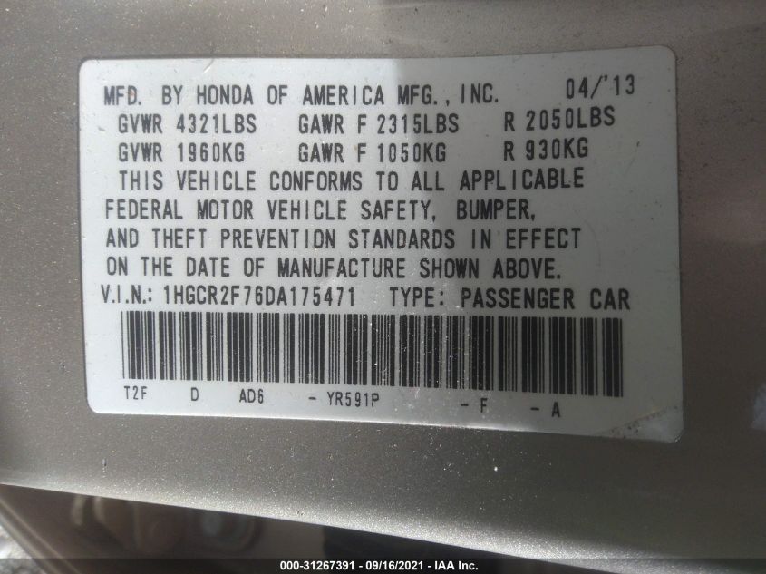 2013 HONDA ACCORD SDN EX 1HGCR2F76DA175471