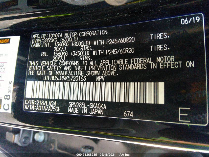 2019 TOYOTA 4RUNNER SR5 JTEBU5JR9K5720163