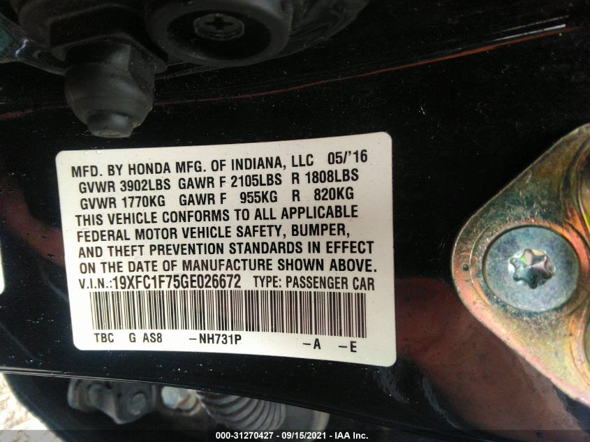 2016 HONDA CIVIC SEDAN EX-L 19XFC1F75GE026672