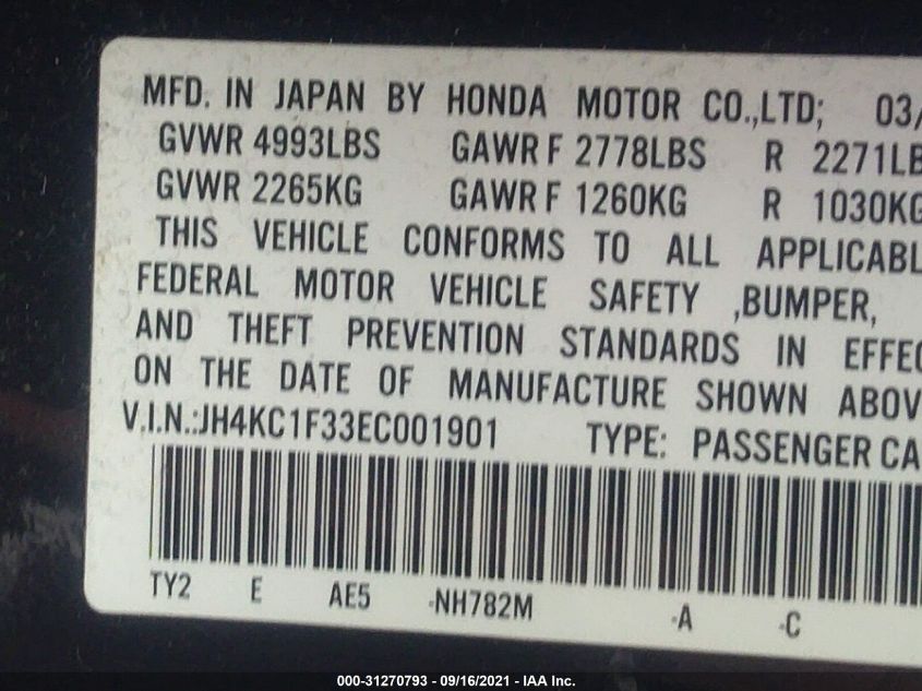 2014 ACURA RLX JH4KC1F33EC001901