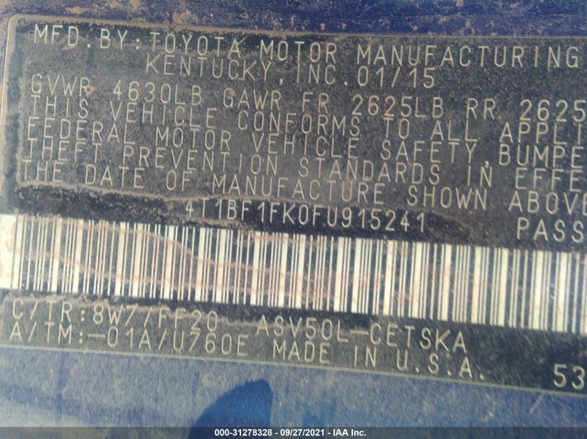 2015 TOYOTA CAMRY XLE/SE/LE/XSE 4T1BF1FK0FU915241