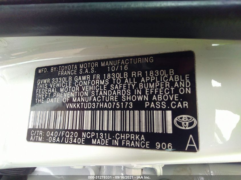 2017 TOYOTA YARIS L/SE/LE VNKKTUD37HA075173