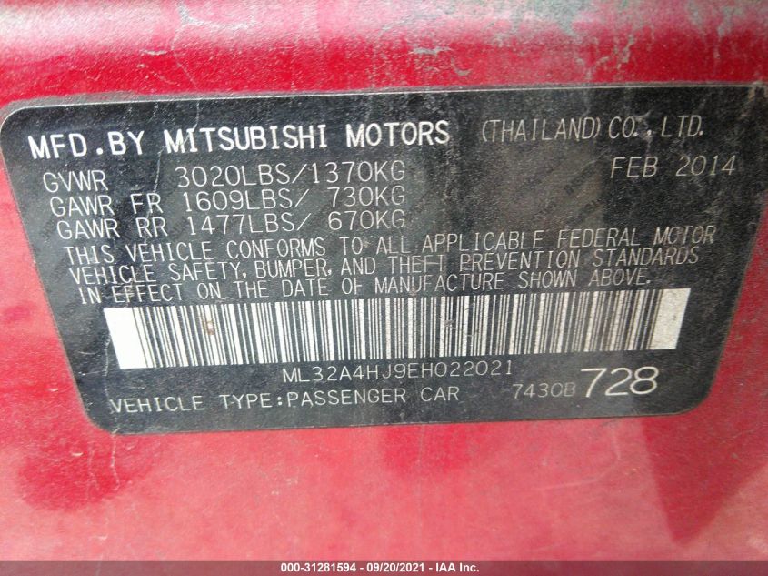 2014 MITSUBISHI MIRAGE ES ML32A4HJ9EH022021