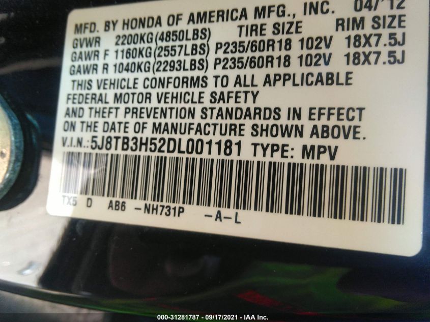 2013 ACURA RDX TECH PKG 5J8TB3H52DL001181