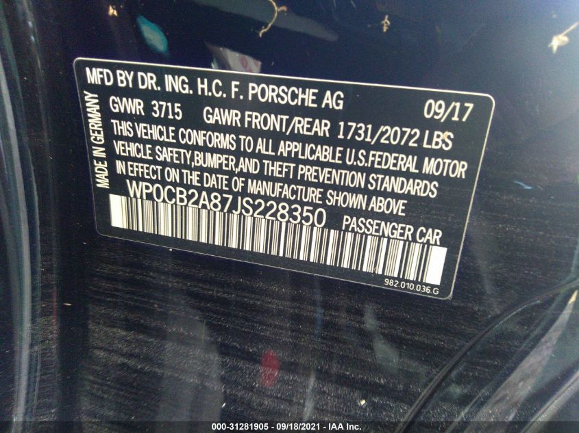 2018 PORSCHE 718 BOXSTER S/GTS WP0CB2A87JS228350