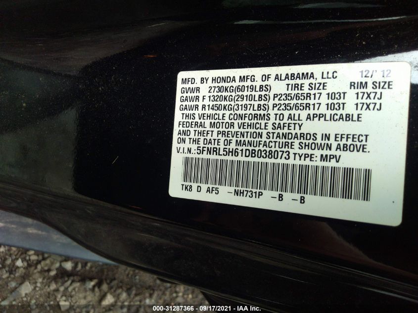 2013 HONDA ODYSSEY EX-L 5FNRL5H61DB038073