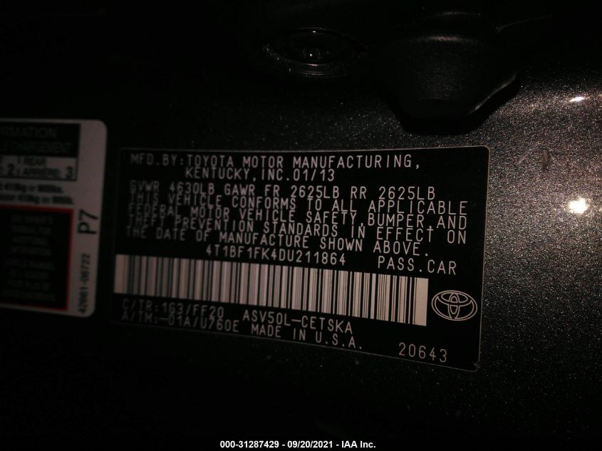 2013 TOYOTA CAMRY L/LE/SE/XLE 4T1BF1FK4DU211864