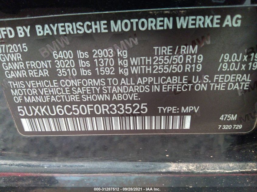 2015 BMW X6 XDRIVE50I 5UXKU6C50F0R33525