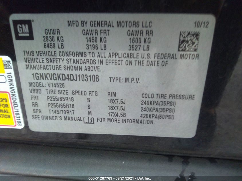 2013 CHEVROLET TRAVERSE LT 1GNKVGKD4DJ103108
