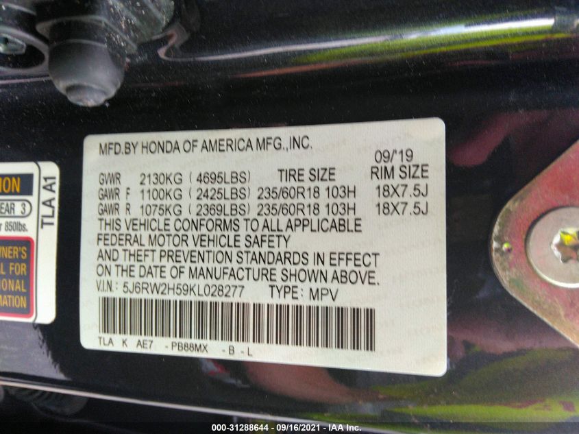 2019 HONDA CR-V EX 5J6RW2H59KL028277