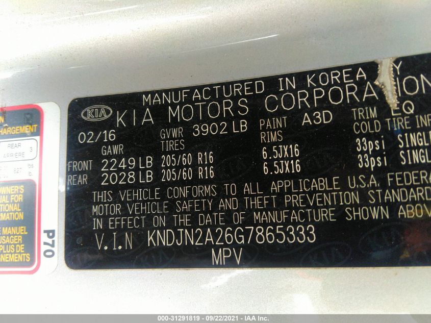 2016 KIA SOUL BASE KNDJN2A26G7865333