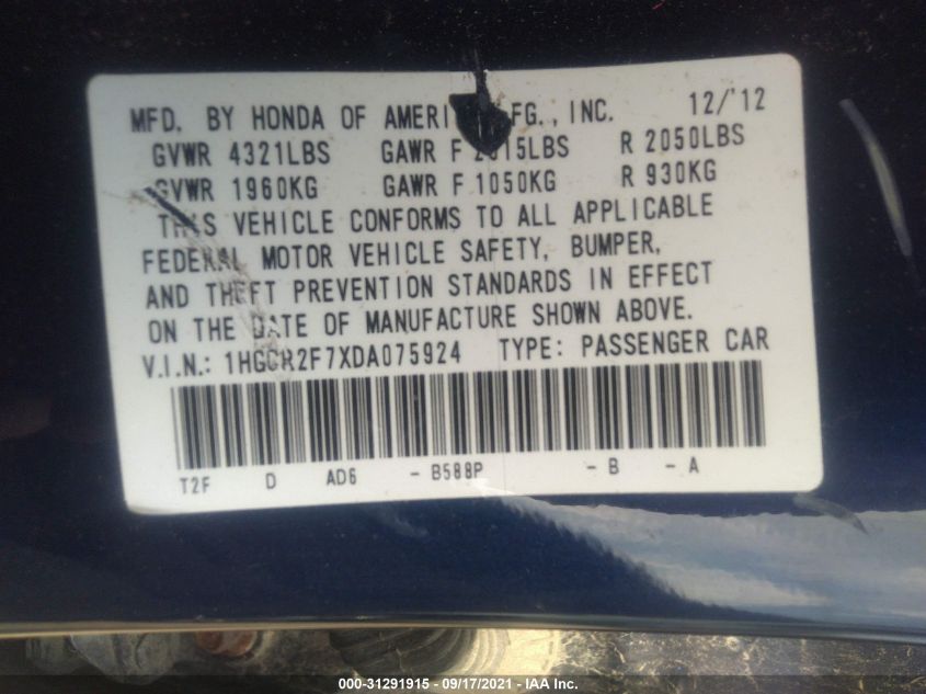 2013 HONDA ACCORD SDN EX 1HGCR2F7XDA075924