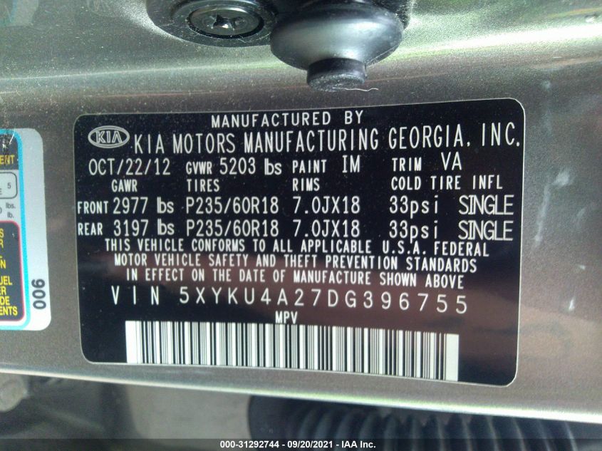2013 KIA SORENTO EX 5XYKU4A27DG396755