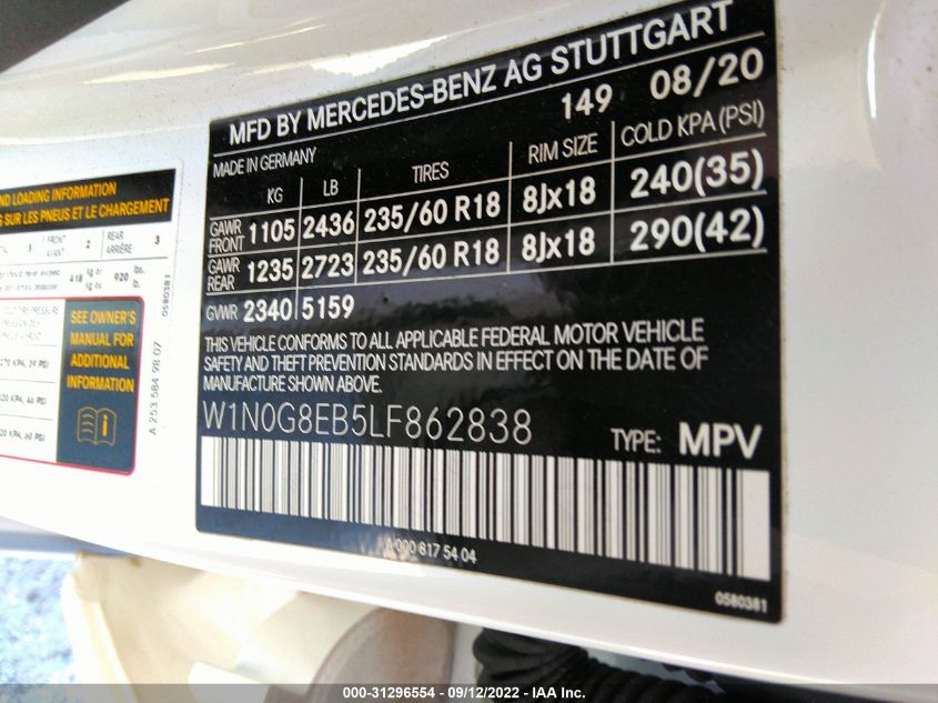2020 MERCEDES-BENZ GLC GLC 300 W1N0G8EB5LF862838