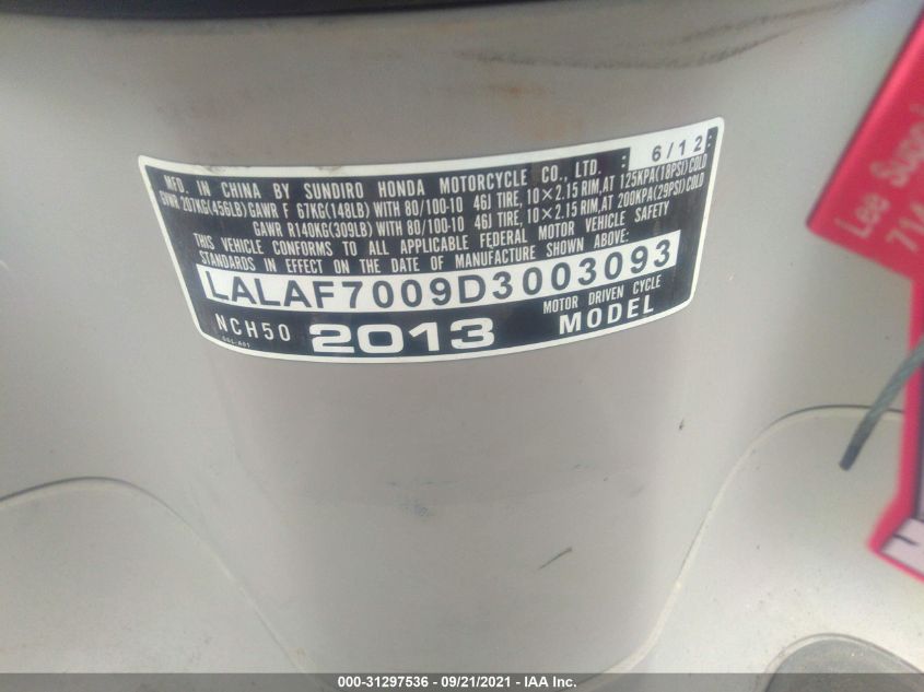 2013 HONDA NCH50 LALAF7009D3003093