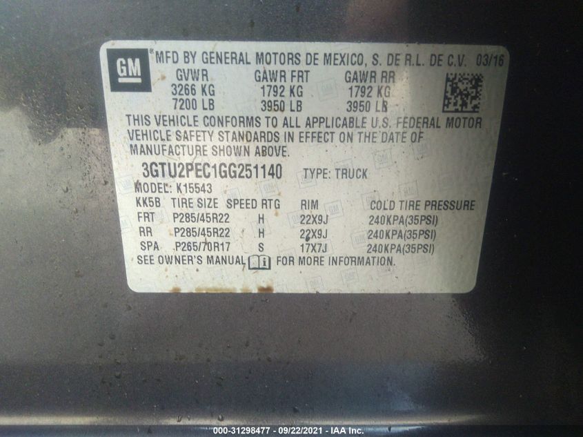 2016 GMC SIERRA 1500 DENALI 3GTU2PEC1GG251140