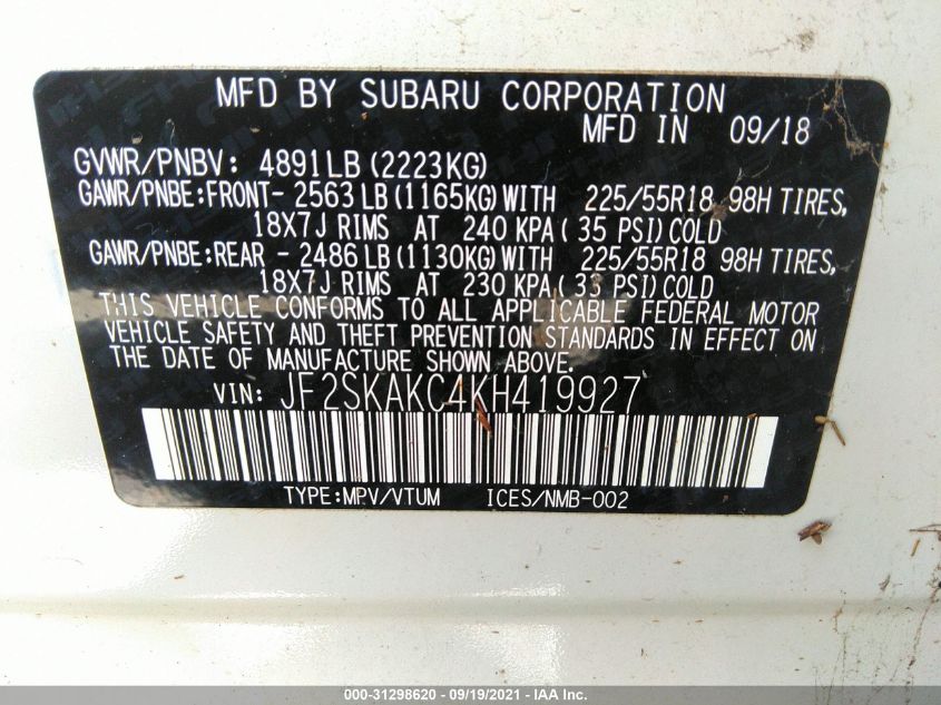 2019 SUBARU FORESTER SPORT JF2SKAKC4KH419927