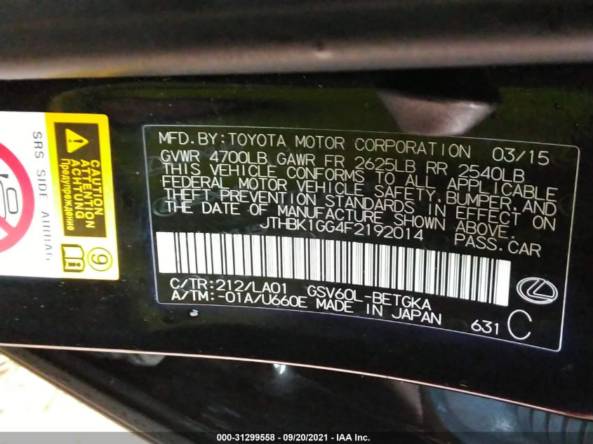 2015 LEXUS ES 350 JTHBK1GG4F2192014