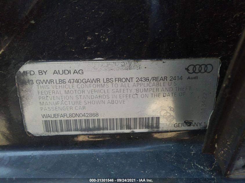 2013 AUDI A4 PREMIUM PLUS WAUEFAFL8DN042868