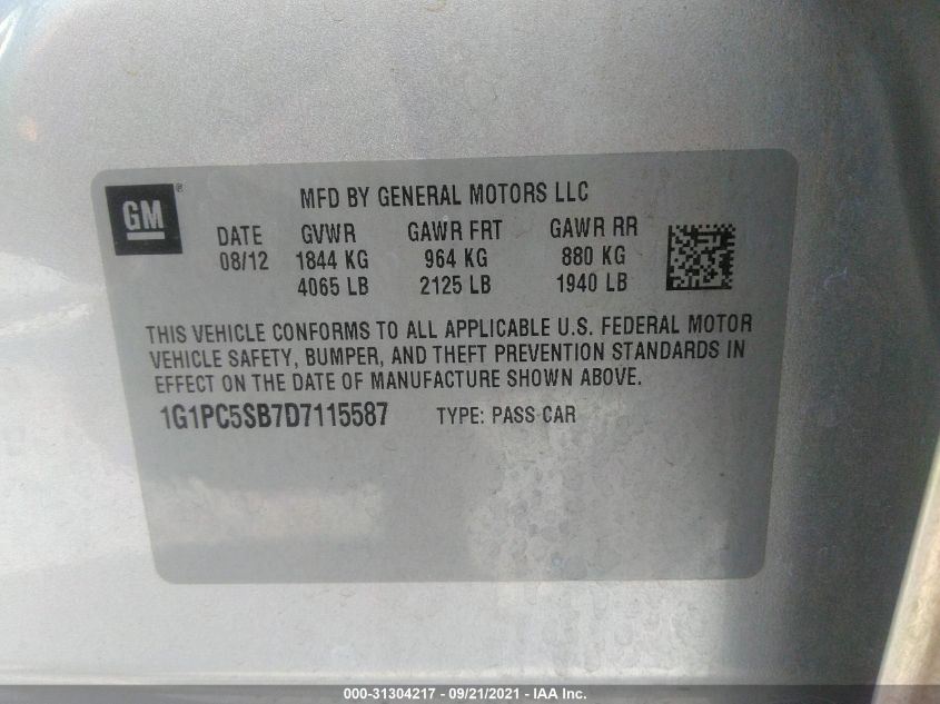 2013 CHEVROLET CRUZE 1LT 1G1PC5SB7D7115587
