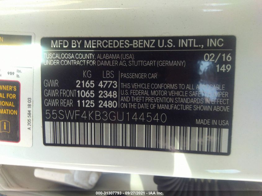 2016 MERCEDES-BENZ C-CLASS C 300 55SWF4KB3GU144540