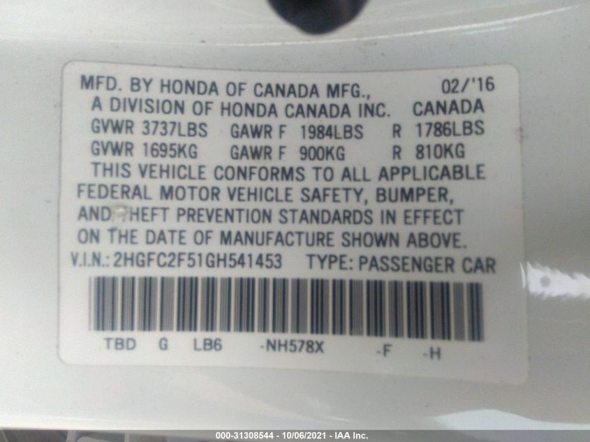 2016 HONDA CIVIC SEDAN LX 2HGFC2F51GH541453