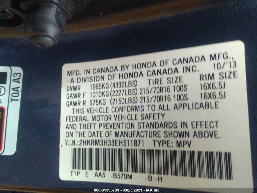 2014 HONDA CR-V LX 2HKRM3H33EH511871