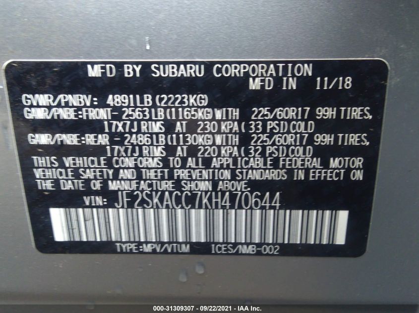 2019 SUBARU FORESTER JF2SKACC7KH470644
