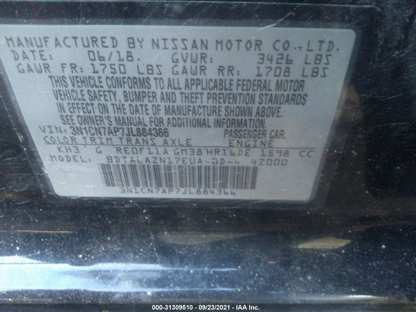 2018 NISSAN VERSA 1.6 S+ - 3N1CN7AP7JL884366
