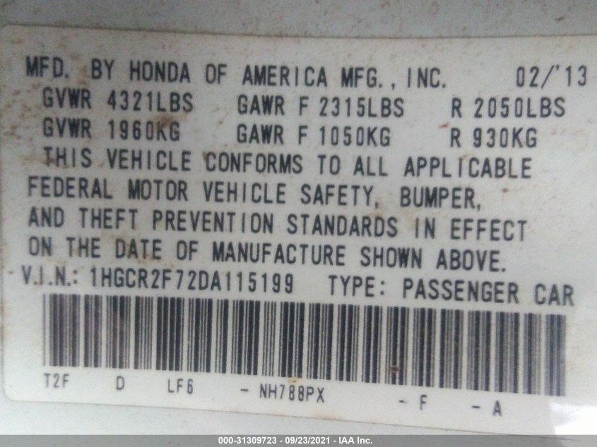 2013 HONDA ACCORD SDN EX 1HGCR2F72DA115199