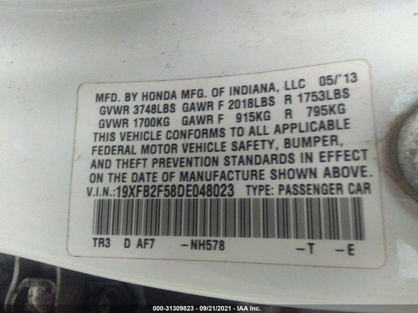 2013 HONDA CIVIC SDN LX 19XFB2F58DE048023