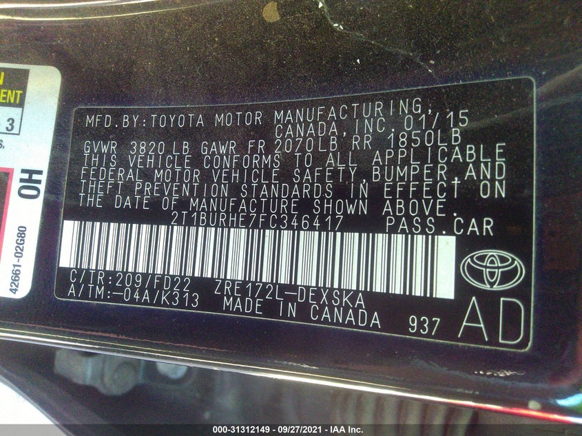 2015 TOYOTA COROLLA VIN: 2T1BURHE7FC346417