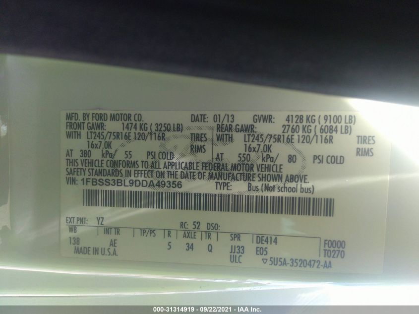 2013 FORD ECONOLINE WAGON XL/XLT 1FBSS3BL9DDA49356