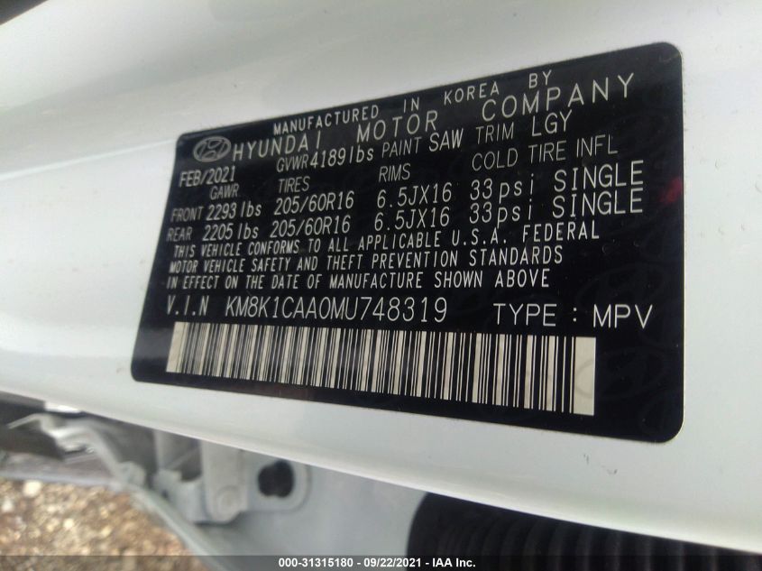 2021 HYUNDAI KONA SE KM8K1CAA0MU748319