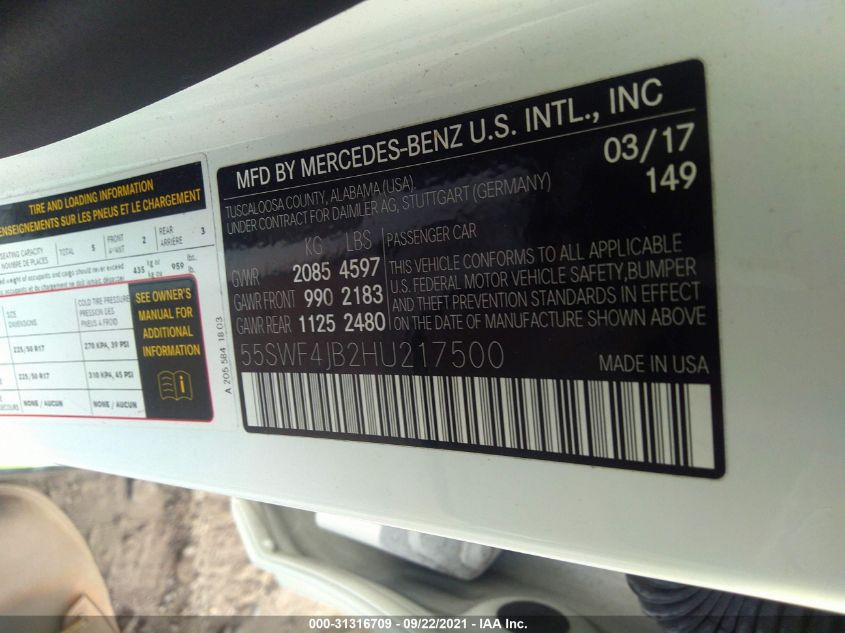 2017 MERCEDES-BENZ C-CLASS C 300 55SWF4JB2HU217500