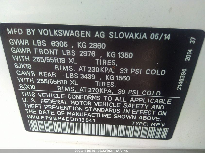 2014 VOLKSWAGEN TOUAREG SPORT W/NAV WVGEP9BP4ED013541