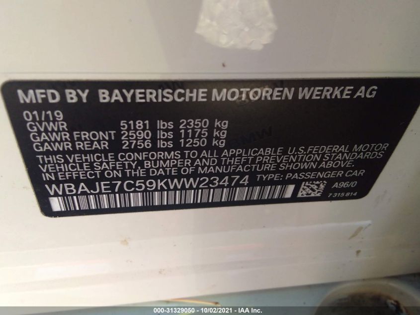 2019 BMW 5 SERIES 540I XDRIVE WBAJE7C59KWW23474