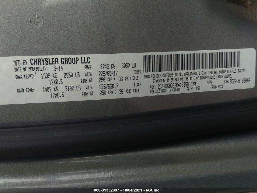 2014 DODGE GRAND CARAVAN AMERICAN VALUE PKG 2C4RDGBG3ER416958