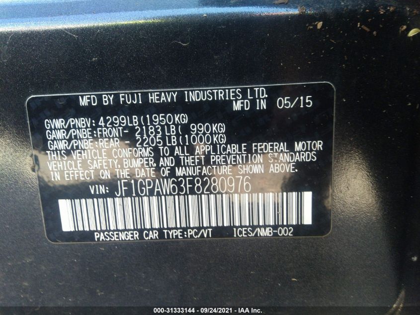 2015 SUBARU IMPREZA WAGON 2.0I SPORT LIMITED JF1GPAW63F8280976