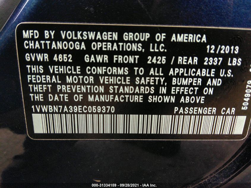 2014 VOLKSWAGEN PASSAT TDI SE W/SUNROOF 1VWBN7A39EC059370