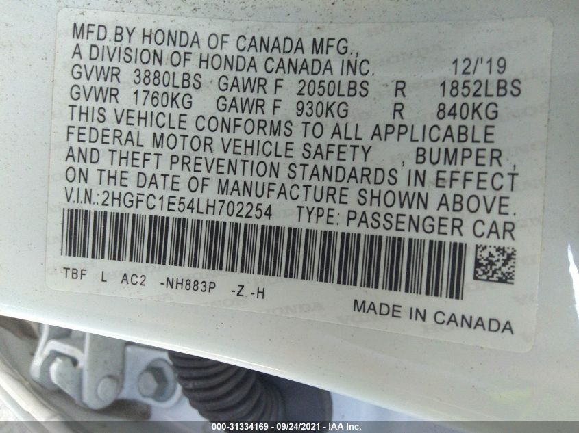 2020 HONDA CIVIC SI SEDAN 2HGFC1E54LH702254
