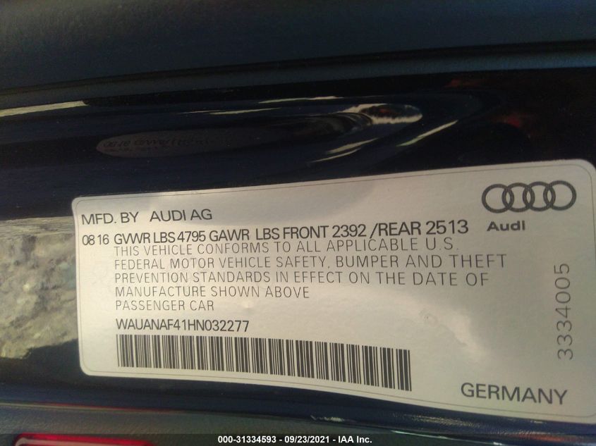 2017 AUDI A4 PREMIUM WAUANAF41HN032277