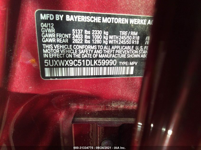 2013 BMW X3 XDRIVE28I 5UXWX9C51DLK59990