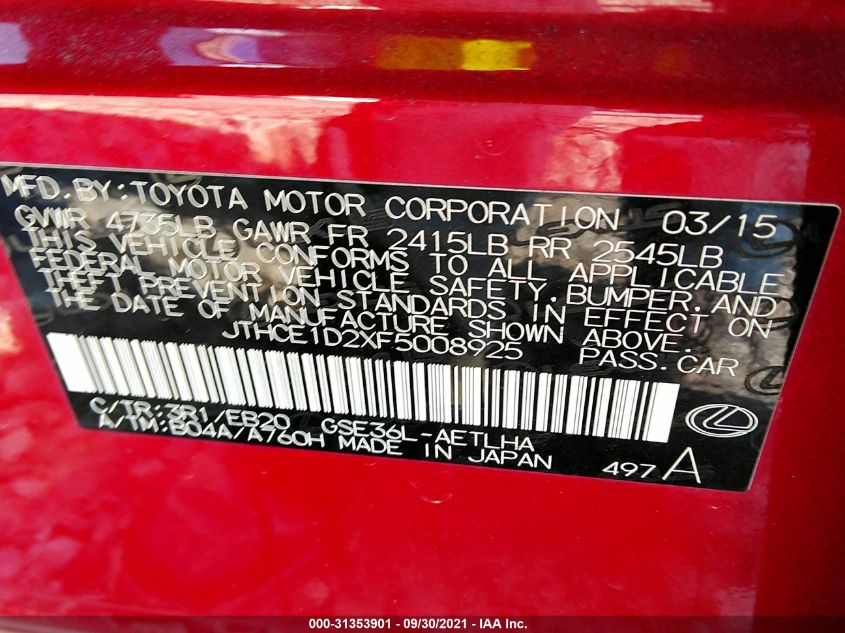2015 LEXUS IS 350 JTHCE1D2XF5008925