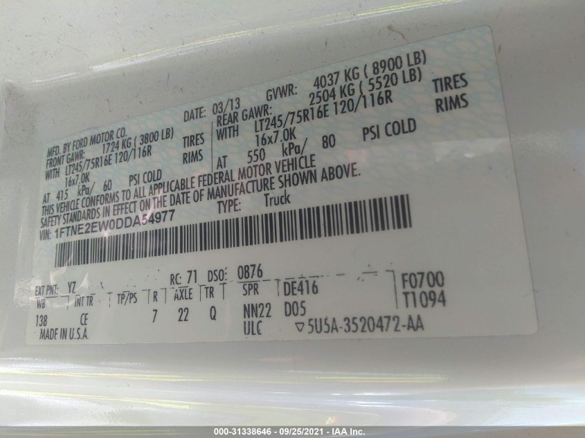 2013 FORD ECONOLINE CARGO VAN COMMERCIAL/RECREATIONAL 1FTNE2EW0DDA54977