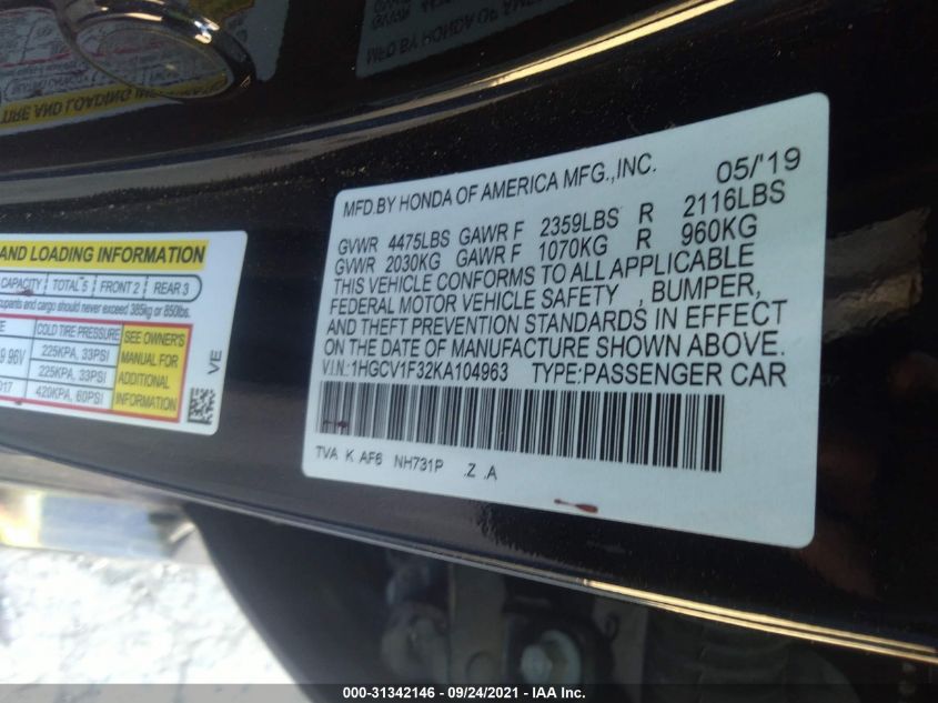 2019 HONDA ACCORD SEDAN SPORT 1.5T 1HGCV1F32KA104963