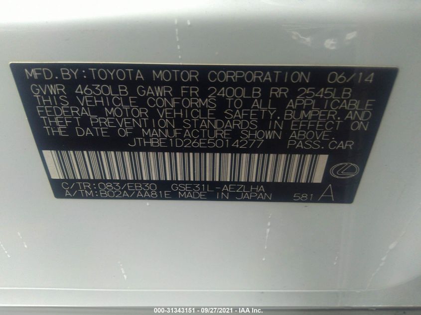 2014 LEXUS IS 350 JTHBE1D26E5014277