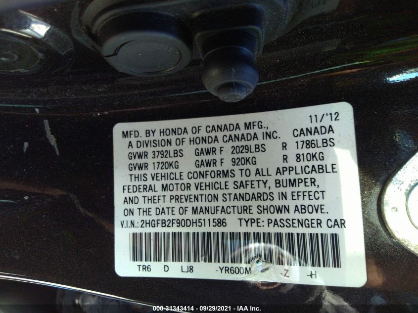 2013 HONDA CIVIC SDN EX-L 2HGFB2F90DH511586