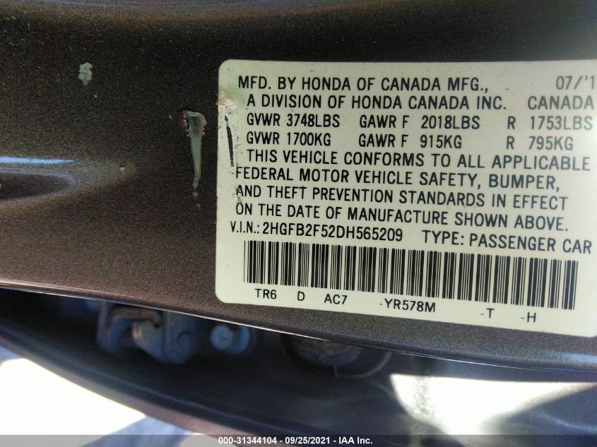 2013 HONDA CIVIC SDN LX 2HGFB2F52DH565209